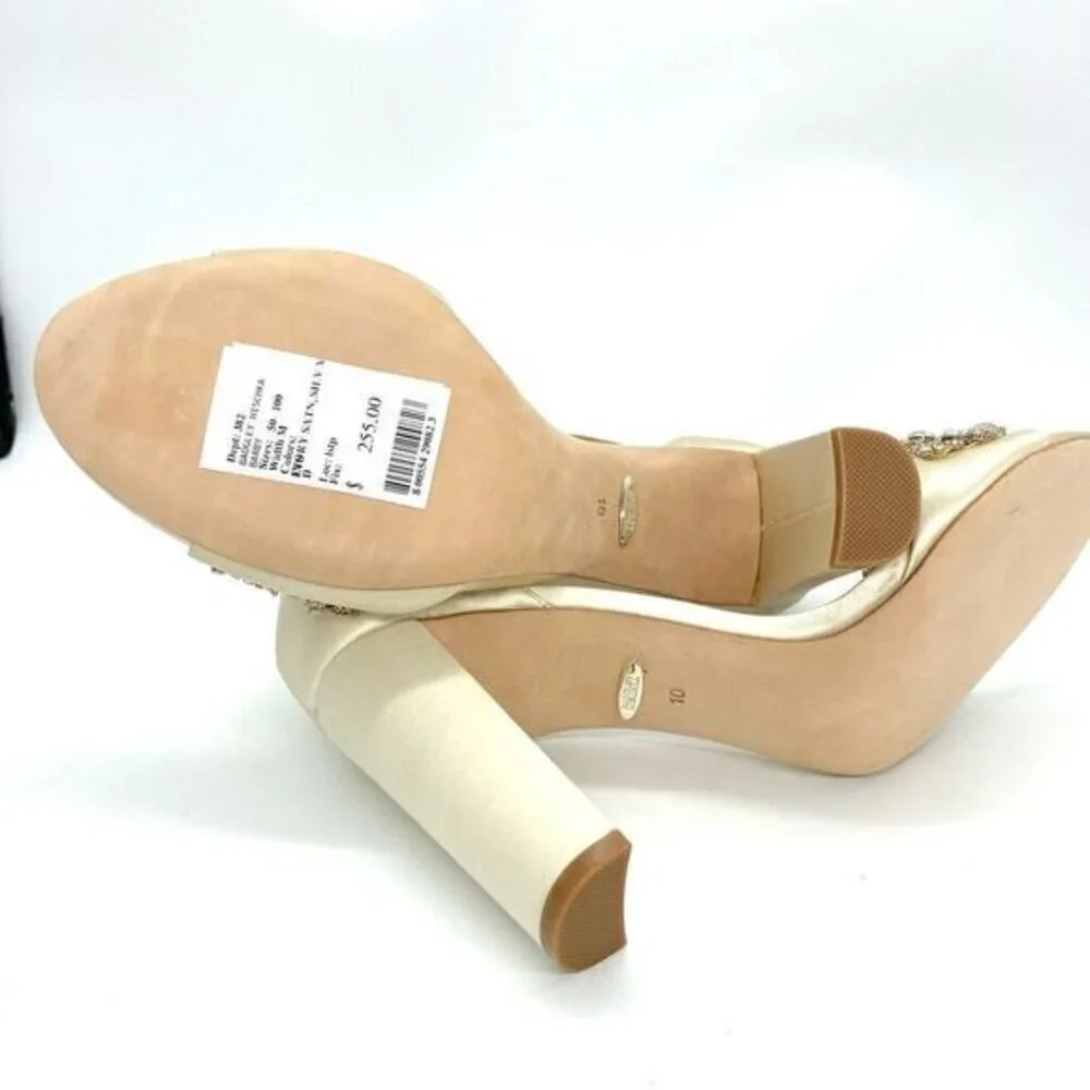 Badgley Mischka Women's Barby Ivory Satin Jeweled Heels New